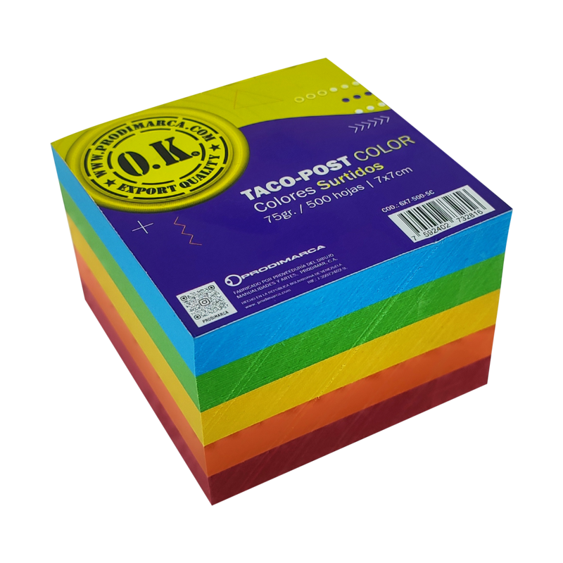 BLOCK TACO-POST 'OK' BOND 75gr.MULTICOLOR 7x7cm.500hj.PQ.3pz.TONOS COLOR