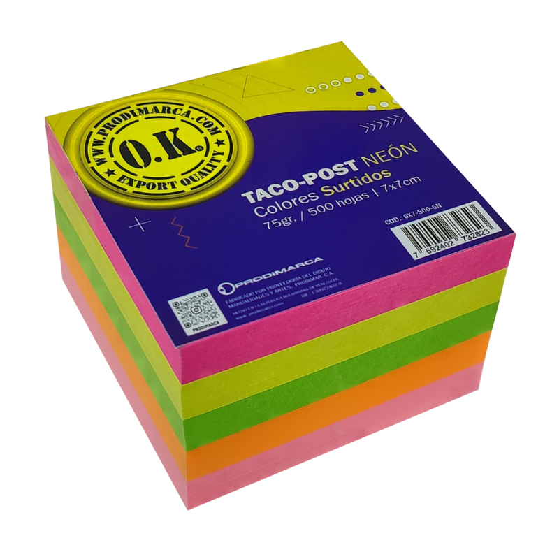 BLOCK TACO-POST 'OK' BOND 75gr.MULTICOLOR 7x7cm.500hj.PQ.3pz.TONOS NEON