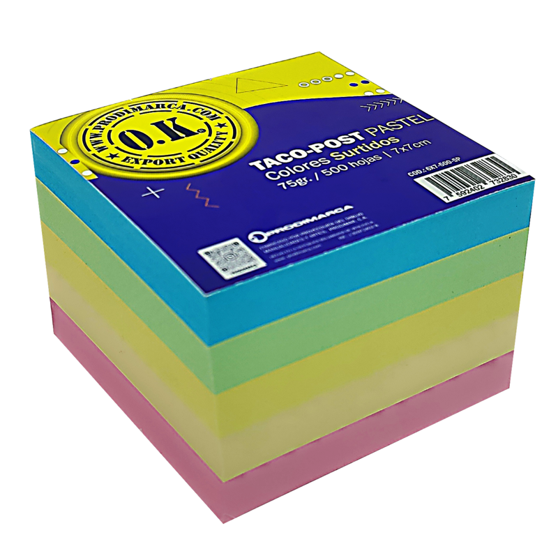 BLOCK TACO-POST 'OK' BOND 75gr.MULTICOLOR 7x7cm.500hj.PQ.3pz.TONOS PASTEL