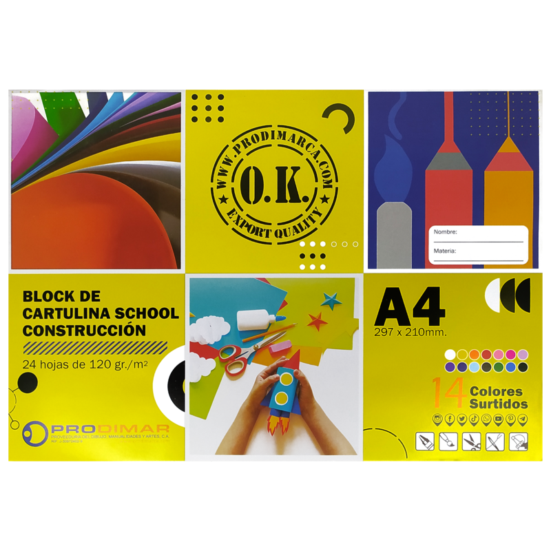 BLOCK CONSTRUCCION-SCHOOL `OK` 120gr.PQ.12pz.x24hj.297x210mm.16 COLORES