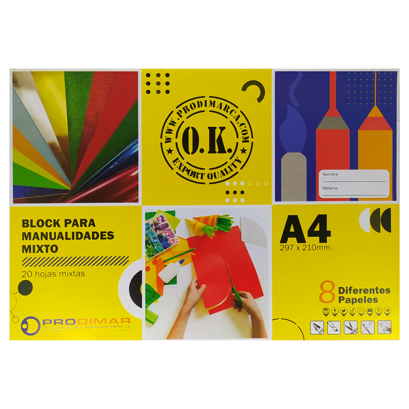 BLOCK P/MANUALIDADES `OK` MIXTO PQ.12pz.x20hj.297x210mm.C/8 DIFERENTES PAPELES