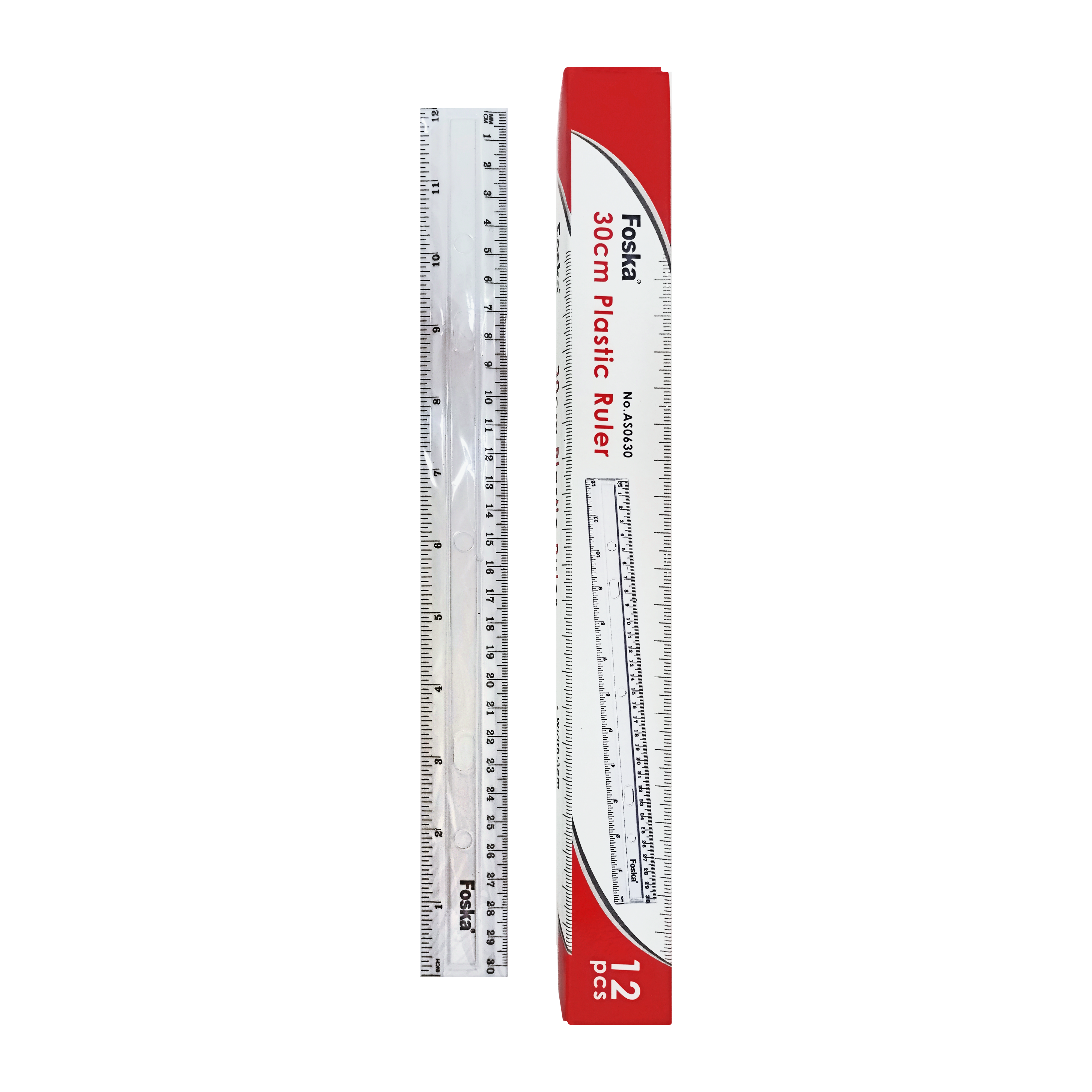 REGLA PLASTICA (XPS) 'FK' 30cm.CJ.12pz.DOBLE BISEL/DOBLE MEDIDAS TRANSPATENTE