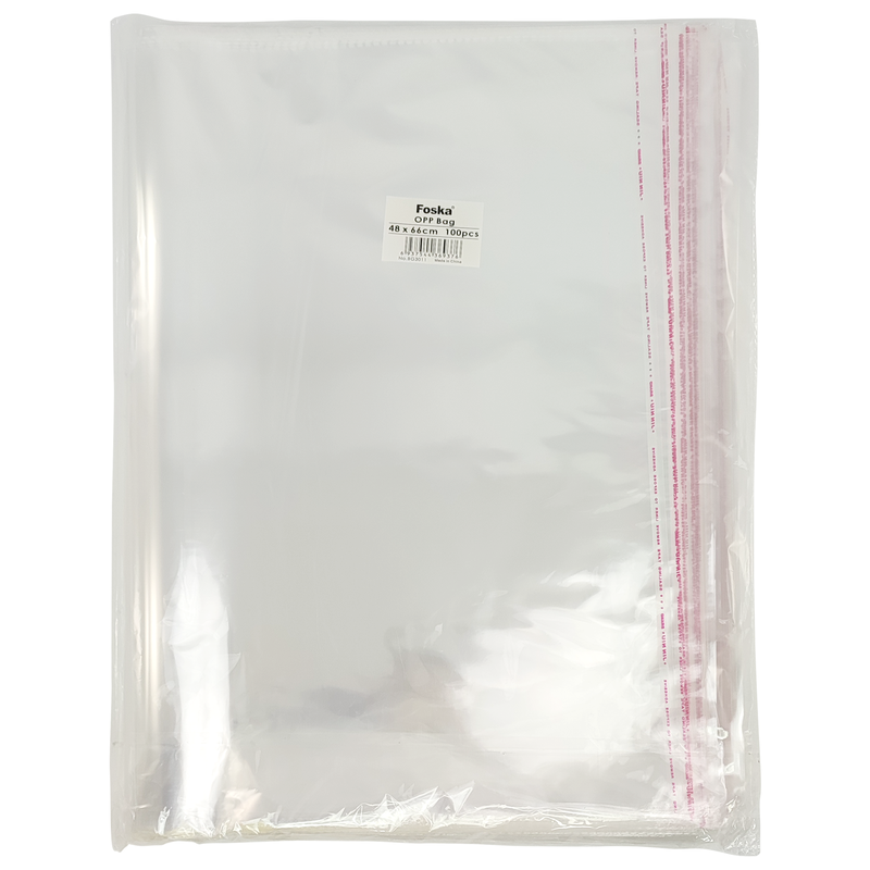 BOLSA PLASTICA (PPO) CRISTAL FK 48X66CM.C/SOLAPA Y PEGA PQ.100PZ.SIN FUELLE