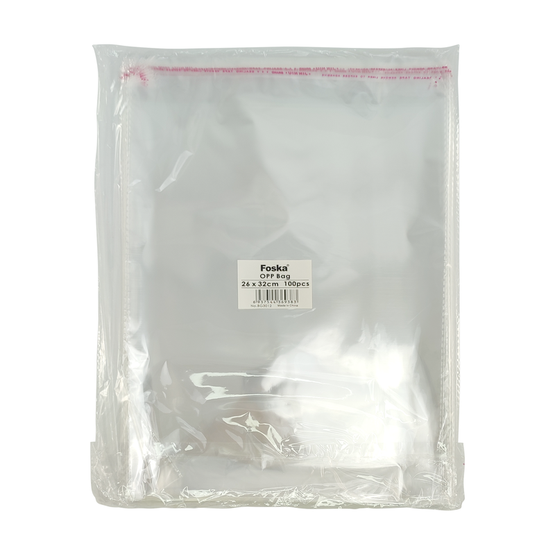 BOLSA PLASTICA (PPO) CRISTAL FK 26X32CM.C/SOLAPA Y PEGA PQ.100PZ.SIN FUELLE
