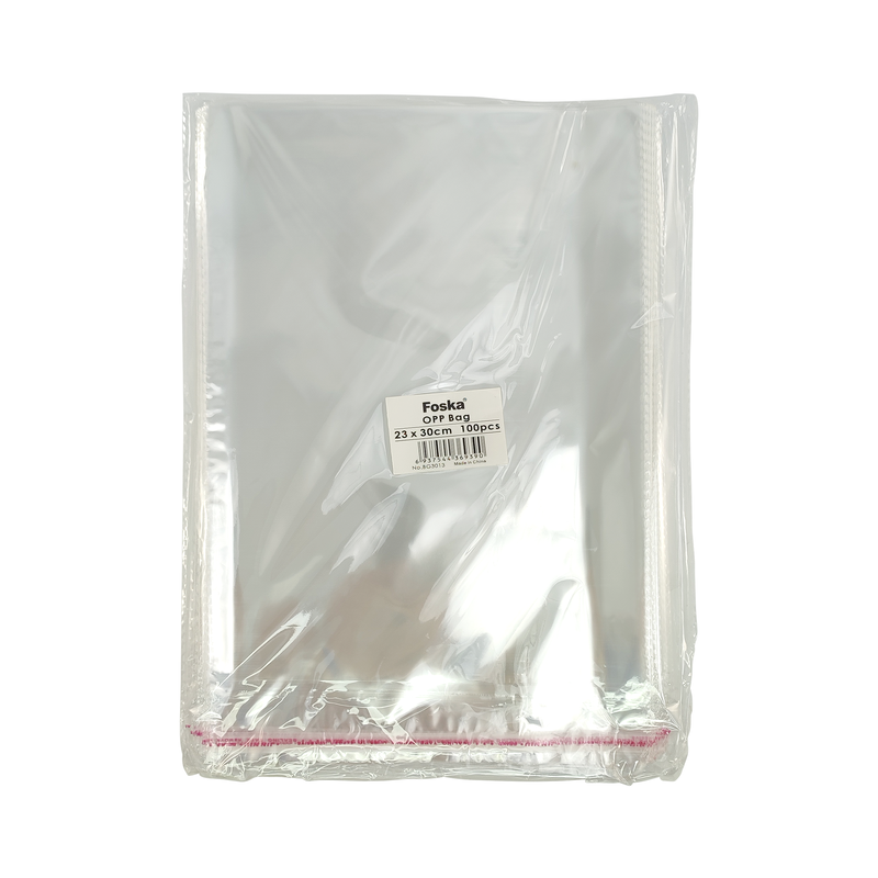 BOLSA PLASTICA (PPO) CRISTAL FK 23X30CM.C/SOLAPA Y PEGA PQ.100PZ.SIN FUELLE