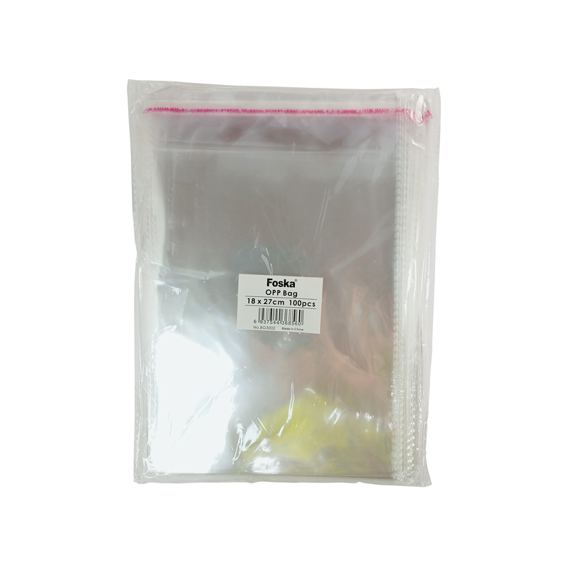 BOLSA PLASTICA (PPO) CRISTAL FK 18x27cm.C/SOLAPA Y PEGA PQ.100pz.SIN FUELLE