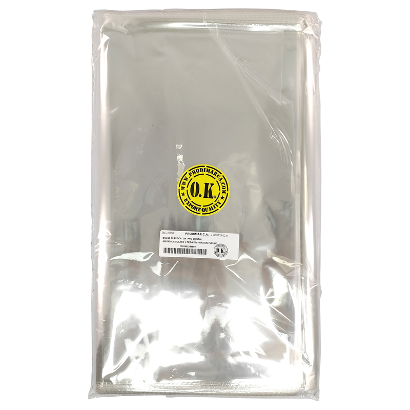 BOLSA PLASTICA (PPO) CRISTAL OK 43x63cm.C/SOLAPA Y PEGA PQ.100pz.SIN FUELLE