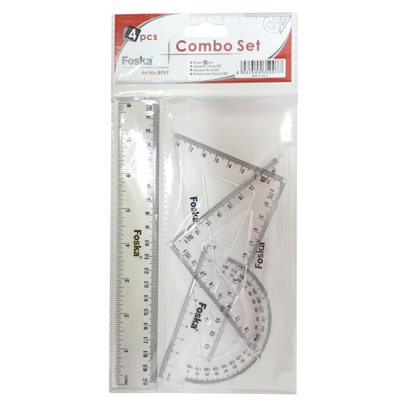 JGO.GEOM.PLASTICO (XPS) 'FK' 20cm.ST.1pz..REGLA+2 ESCUADRAS+TRANSPORTADOR TRANSPARENTE