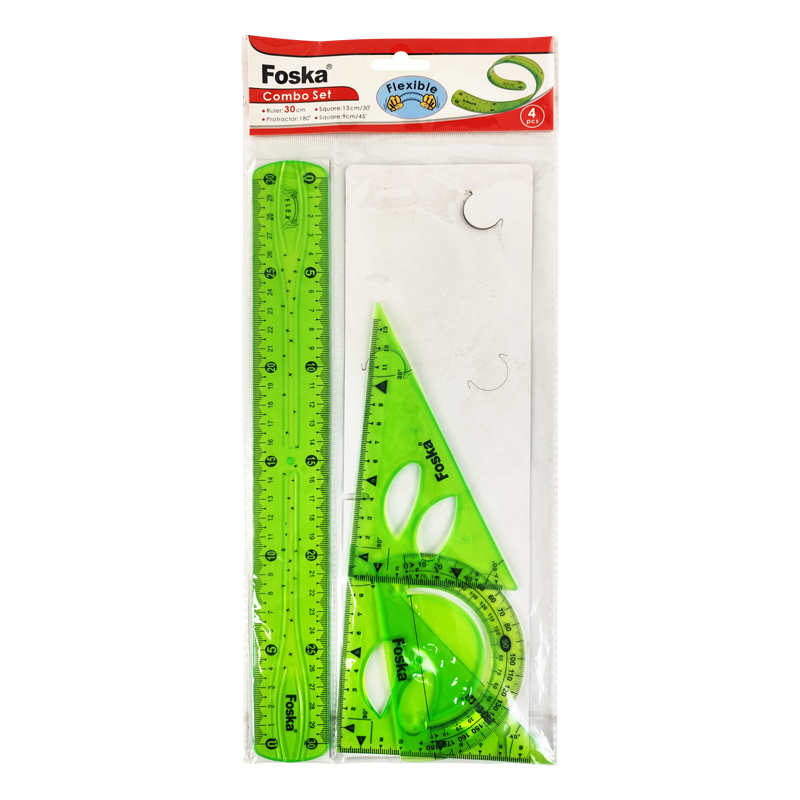 JGO.GEOM.PLASTICO (XPS) 'FK' 30cm.ST.1pz.REGLA+2 ESCUADRAS+TRANSPORTADOR FLEXI-VERDE