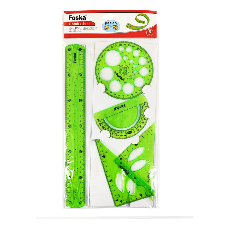 JGO.GEOM.PLASTICO (XPS) 'FK' 30cm.ST.1pz.REGLA+2 ESCUADRAS+TRANSPORT.+ PLANTILLA FLEXIGREEN
