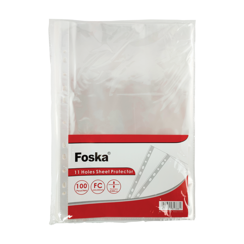 FUNDAS PROTECTORAS PLASTICAS (PP) P/CARPETAS `FK` PQ.100pz. 235x345mm.OFICIO C/11 HUECOS