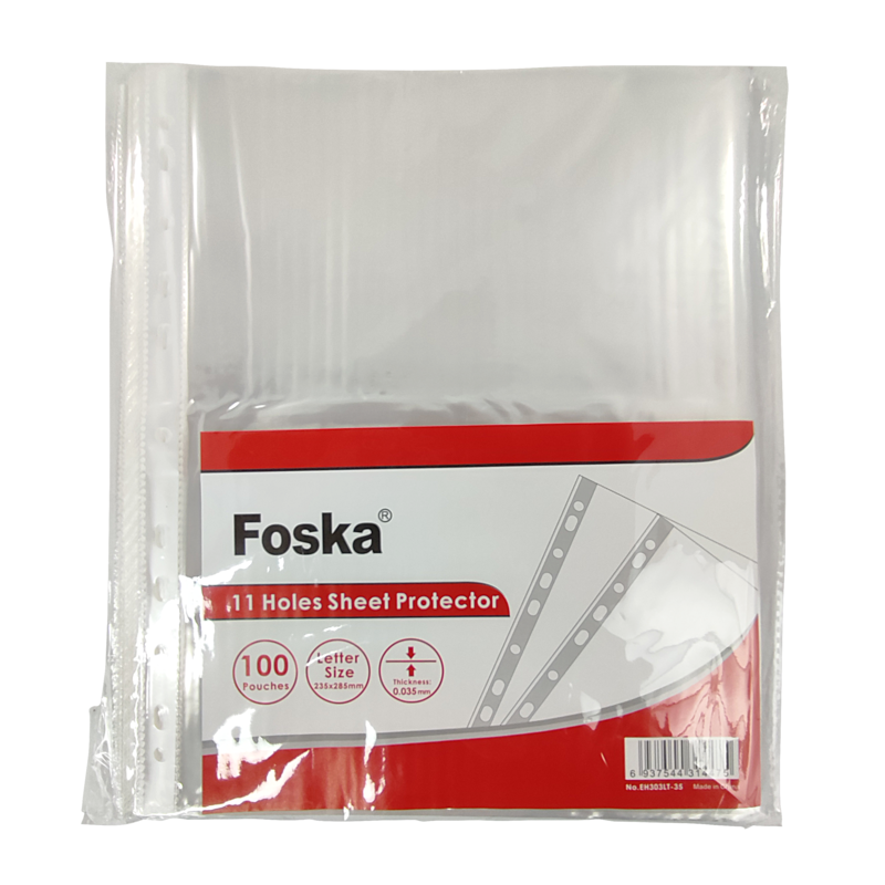 FUNDAS PROTECTORAS PLASTICAS (PP) P/CARPETAS `FK` PQ.100pz. 235x285mm.CARTA C/11 HUECOS