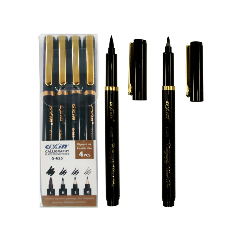 MARCADOR P/CALIGRAFIA 'MB' BASE AGUA C/BRUSH+MEDIO+FINO+E.FINO ST.4pz.NEGRO