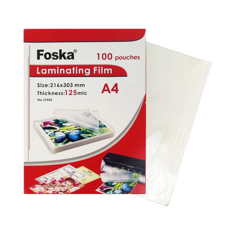 FILM PARA LAMINAR 'FK' TAMAÑO CA/OF/A4 CJ.100hj.216x303mm.CAL.125mc.TRANSPARENTE CRISTAL
