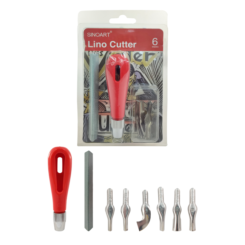 GUBIAS P/LINOLEO 'SA' ACERO INOX. MGO.PLASTICO ROJO ST.6pz.C/DIFERENTES CUCHILLAS