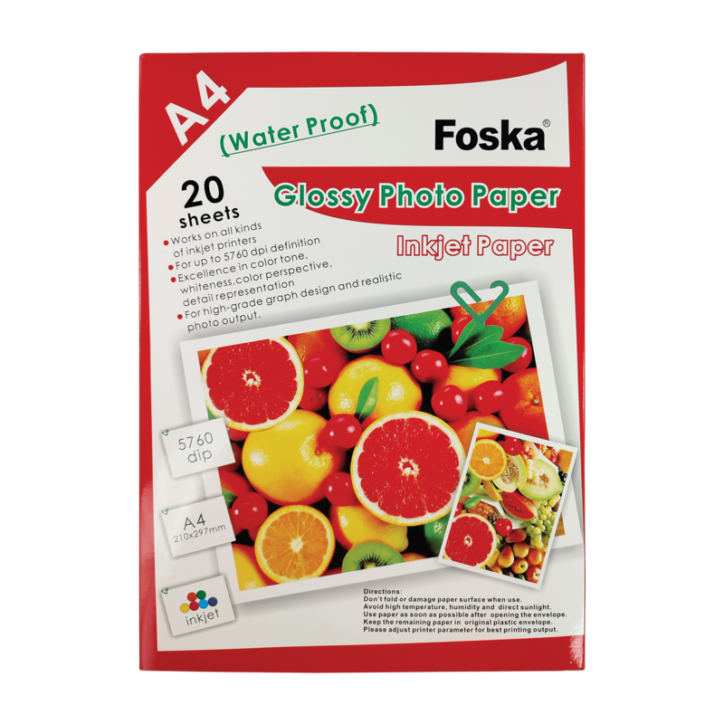 PAPEL FOTOGRAFICO 'FK' ALTO BRILLO 210x297mm.PQ.20hj.DE 180gr./m2,