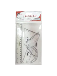 JGO.GEOM.PLASTICO (XPS) 'FK' 20cm.ST.1pz..REGLA+2 ESCUADRAS+TRANSPORTADOR TRANSPARENTE