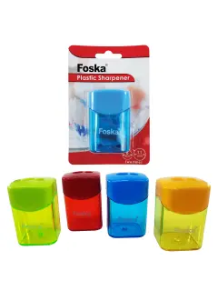 SACAPUNTAS ESCOLARES `FK` PLASTICO C/DEPOSITO BL.1pz.GDE.5x5cm.2 PUNTAS COL.SURT.